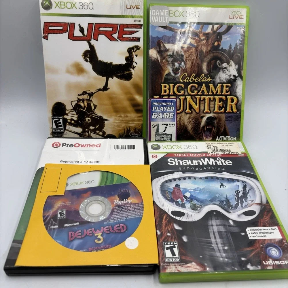 4 Xbox 360 Games Shaun White Snowboarding Pure Big Game Hunting Bejeweled 3